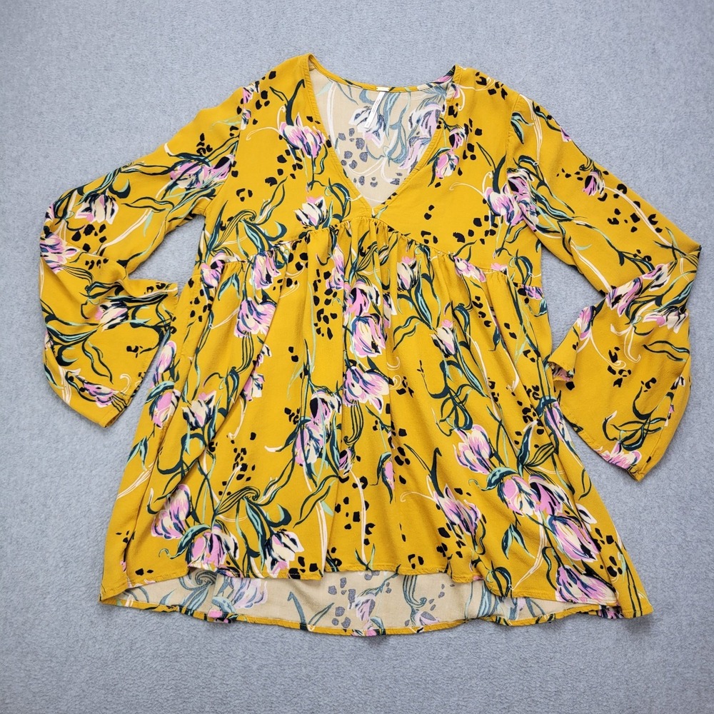 Free People Bella Tunic Top Women's S Yellow Floral Deep Neck Baby Doll